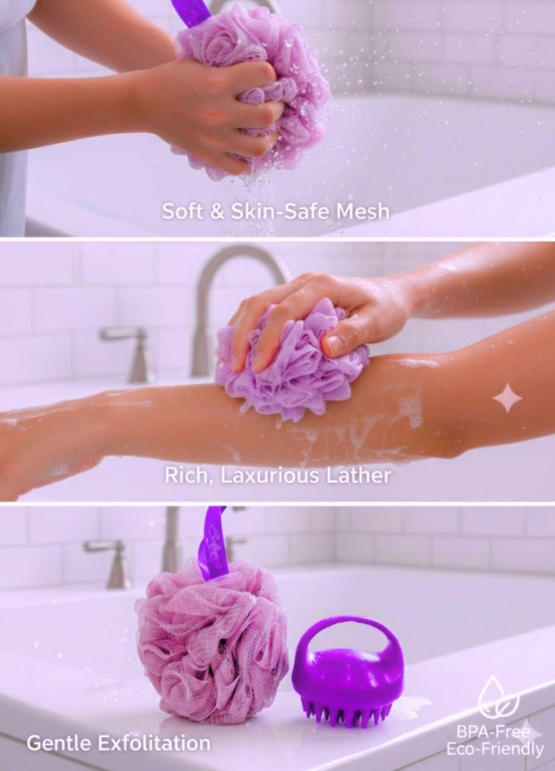 سولاري طقم شامبو وتدليك الليفة وفروة الرأس 2 في 1 – إسفنجة تنظيف الجسم + فروة رأس من السيليكون لإزالة القشرة، إكسسوارات دش نظيفة وعميقة للرجال والنساء (أرجواني) - Image 4